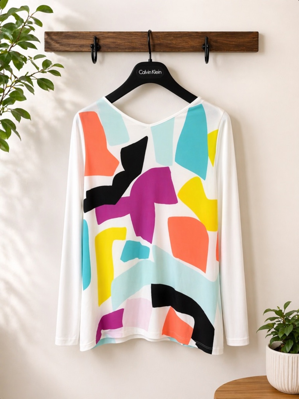 Per Se Multicolor Abstract Long Sleeve Top